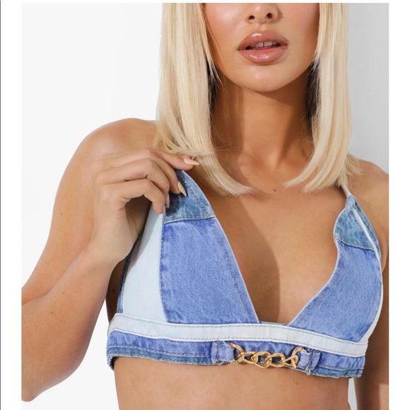 NEW Patchwork Denim Halter Top - Picture 2 of 9